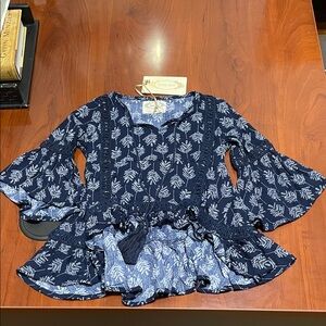 Mia Joy Navy Tunic Blouse with White Leaf Pattern Size 2T